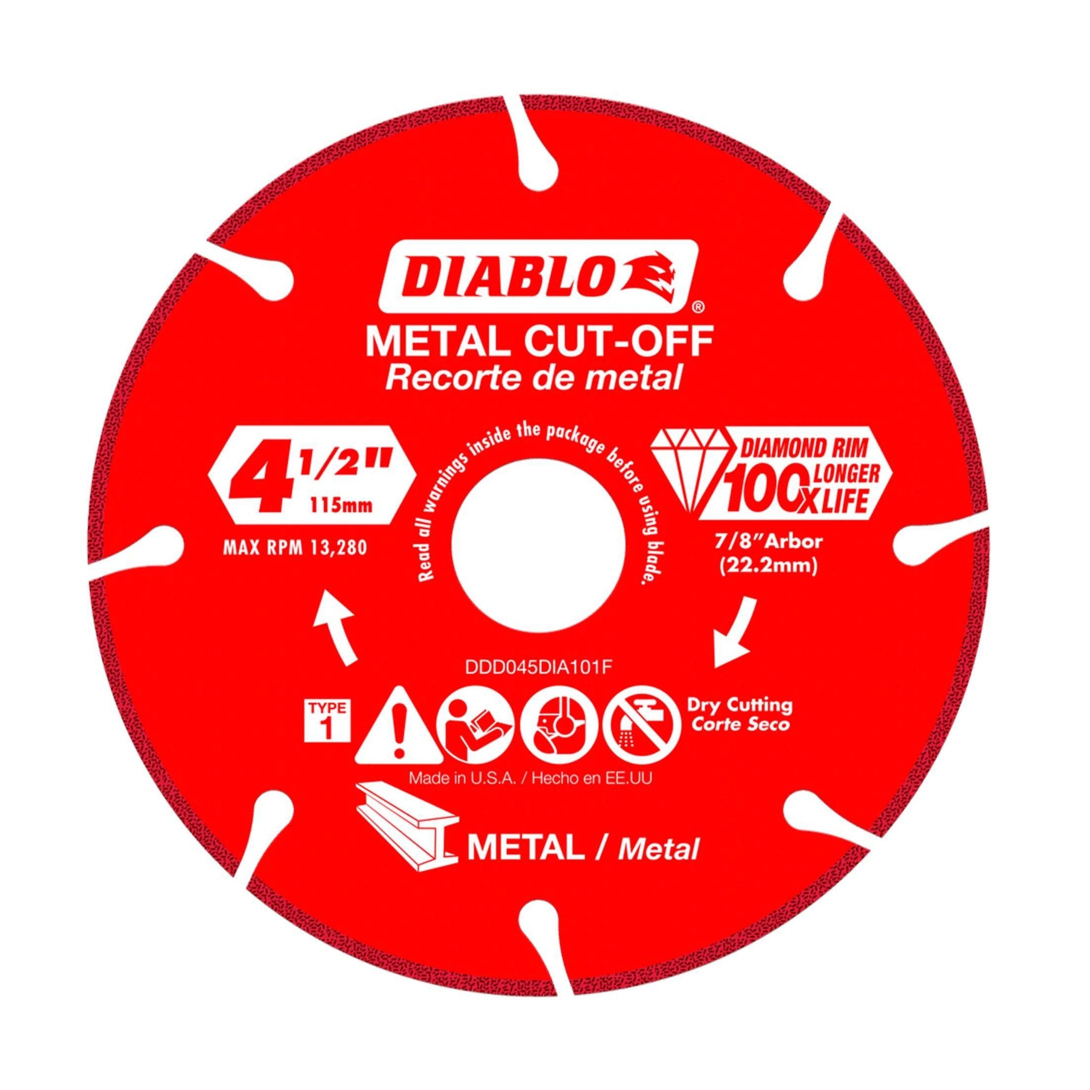 Image of a DIABLO DDD045DIA101F red diamond metal cut-off disc, featuring extreme durability with specs: 4 1/2 in. diameter, max RPM 13,280, and a 7/8 in. arbor. Its diamond rim lasts 100x longer for efficient metal cutting. Made in the USA by Diablo.
